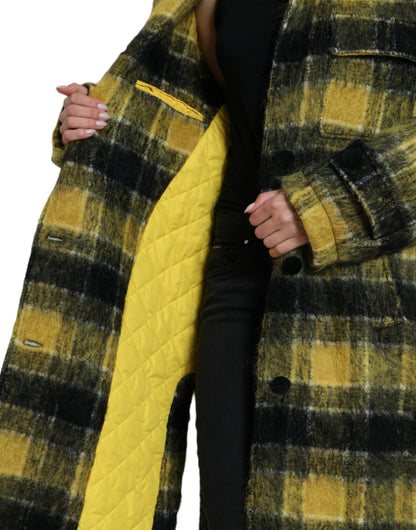 Chic Plaid Long Coat in Sunshine Yellow