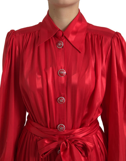 Elegant Red Silk Midi Dress with Button Detail