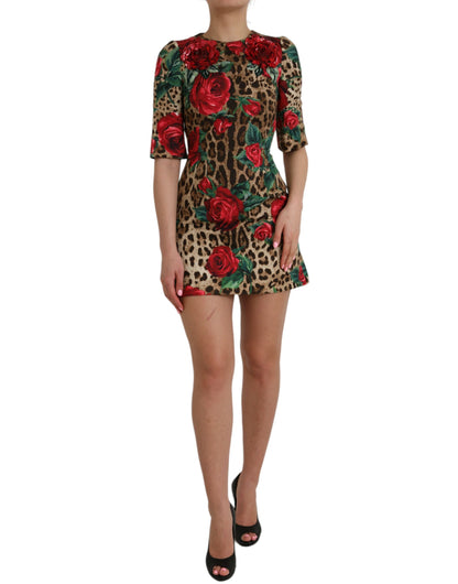 Brown Leopard Red Roses Cotton A-line Dress