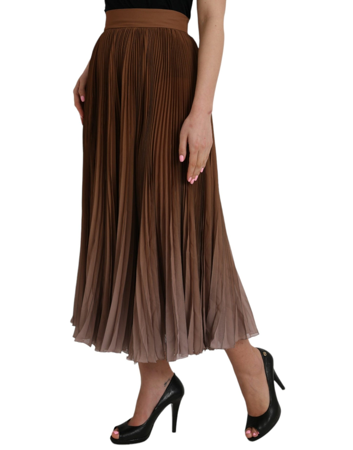 Brown Polyester Pleated High Waist Midi Skirt