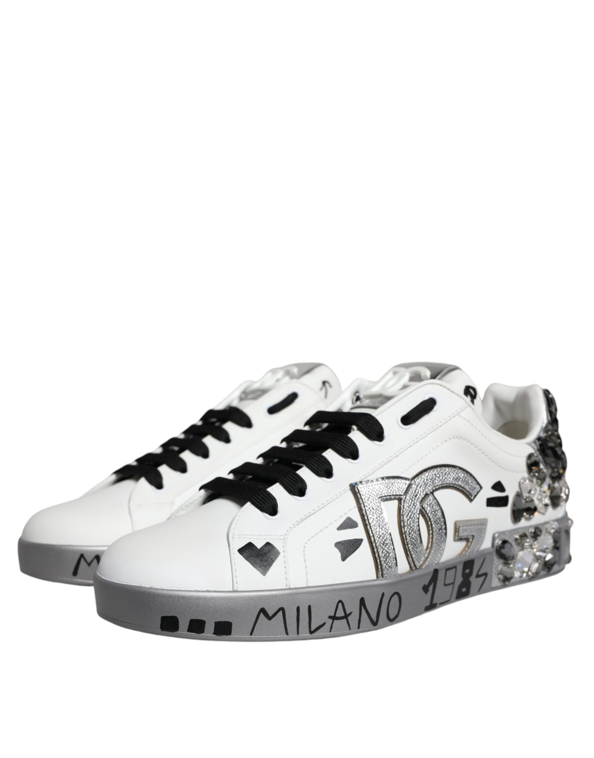 White Silver Crystal Logo Portofino Sneakers Shoes