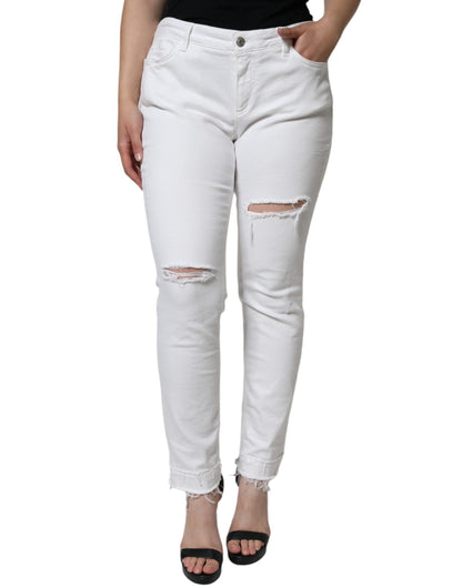 White Cotton Stretch Tattered Skinny Jeans