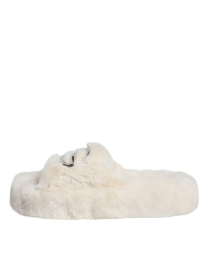 Beige Faux Fur Slides Flats Sandals Shoes