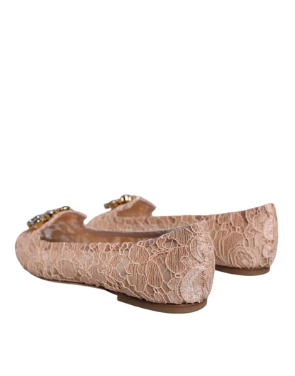 Beige Lace Crystal Ballet Flats Loafers Shoes