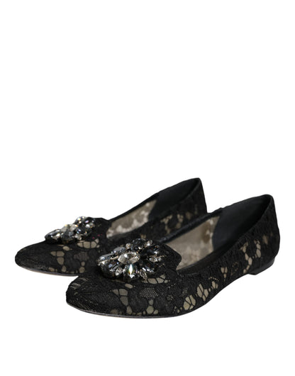 Black Lace Crystal Ballet Flats Loafer Shoes