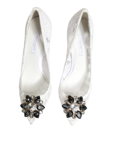 White Taormina Lace Crystal Heels Pumps Shoes