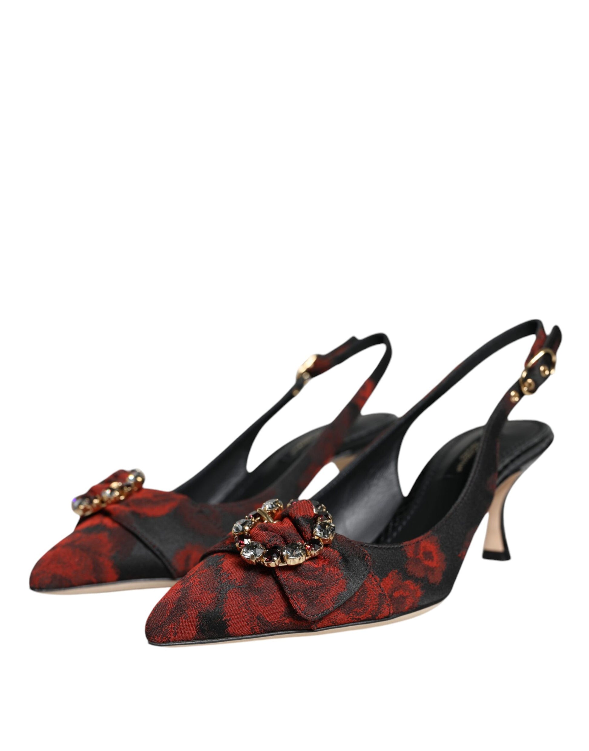 Black Red Floral Crystal Heel Slingback Shoes