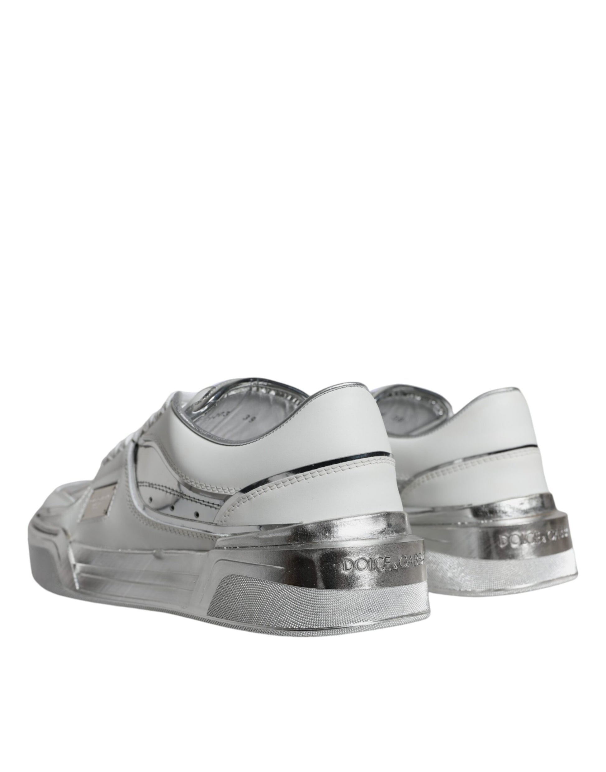 White Silver Leather Low Top Sneakers Shoes