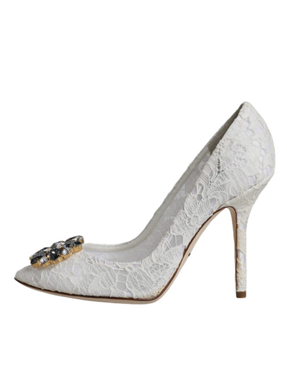 White Taormina Lace Crystal Heel Pumps Shoes