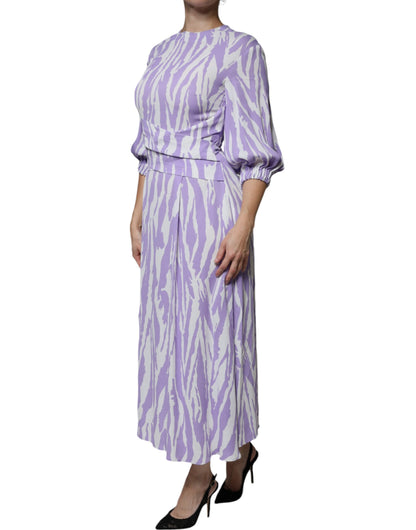 White Purple Patterned Viscose Short Sleeves Maxi Dress