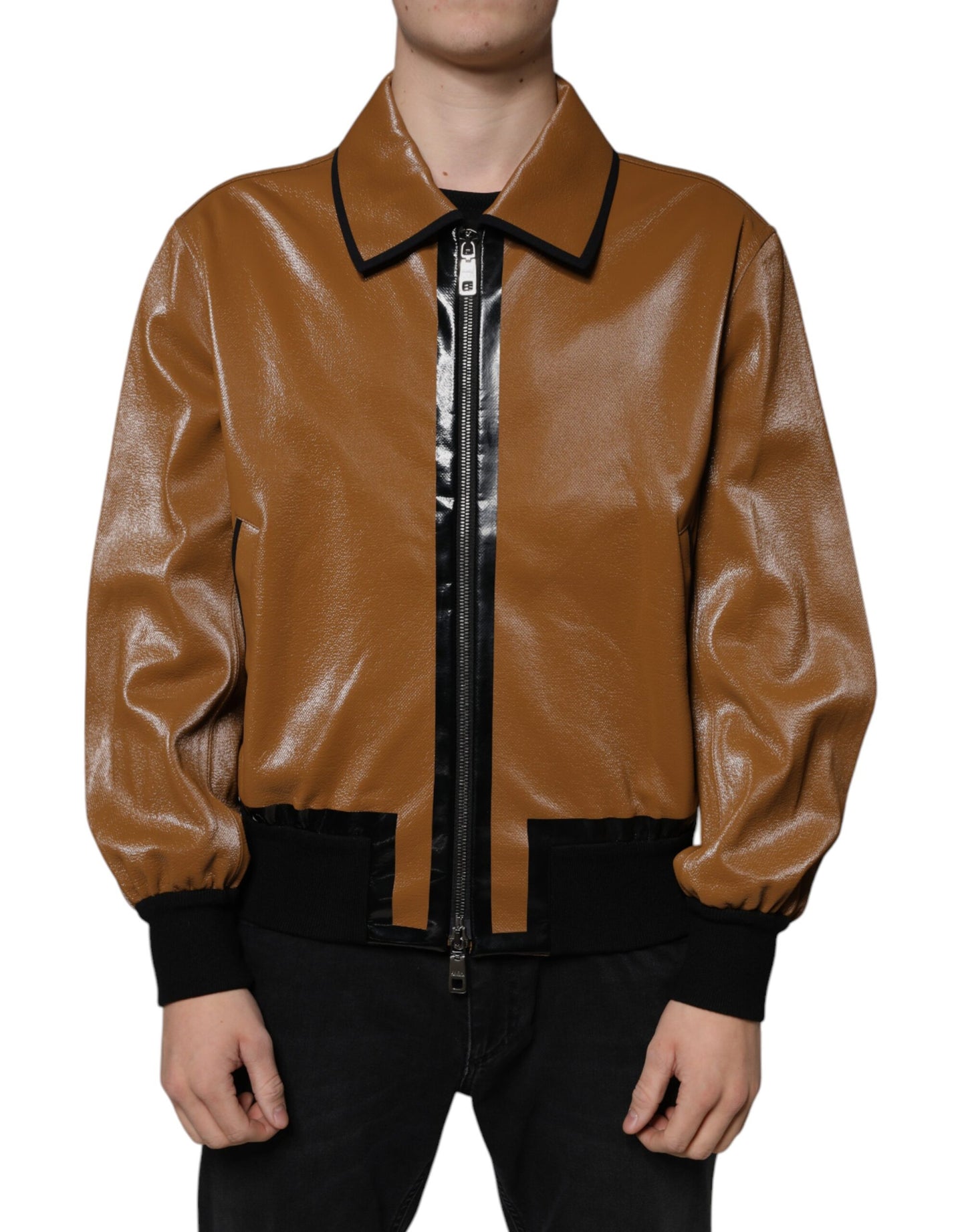 Brown Leather Full Zip Men Bomber Jacket