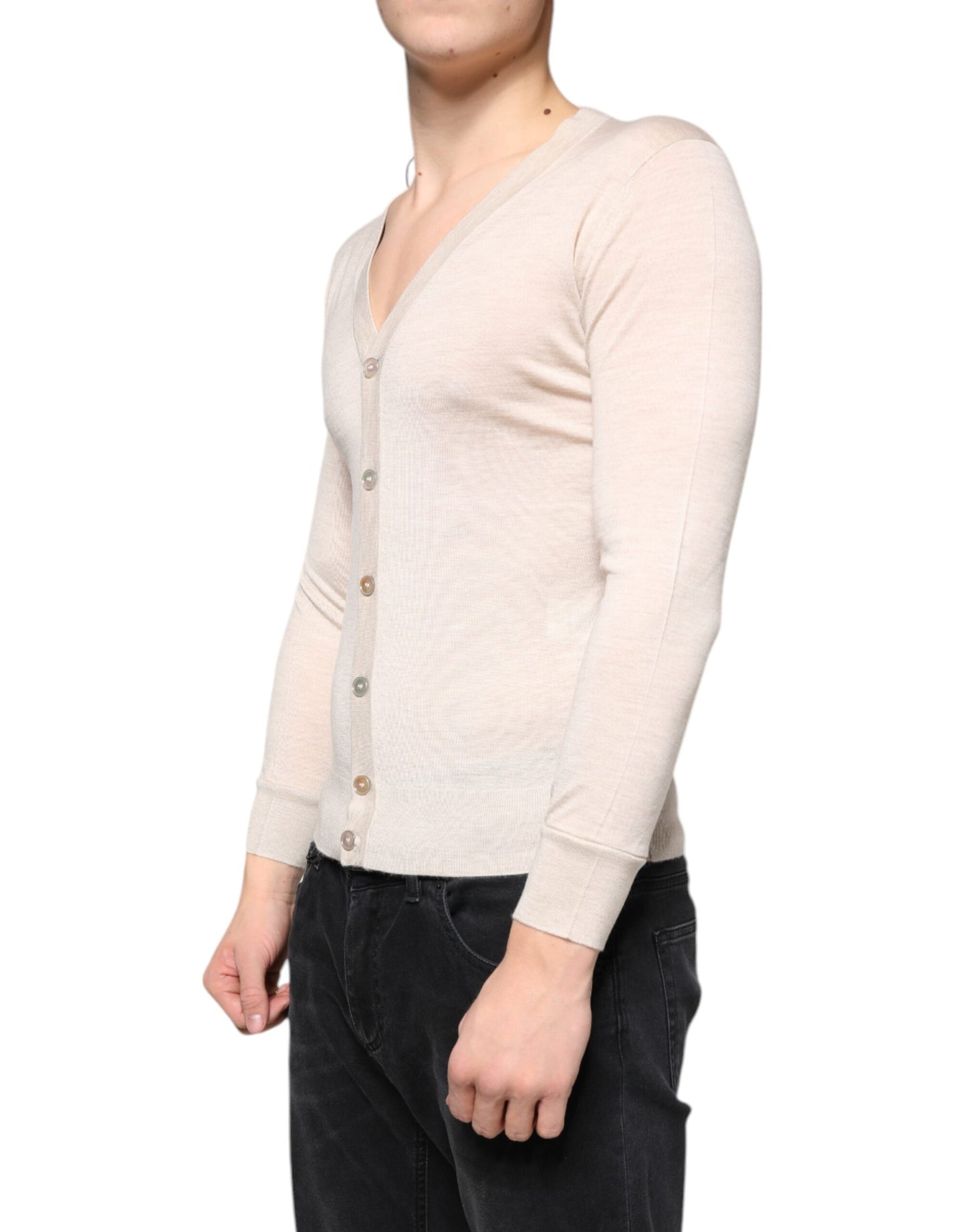 Beige Cashmere Button Down Cardigan Sweater