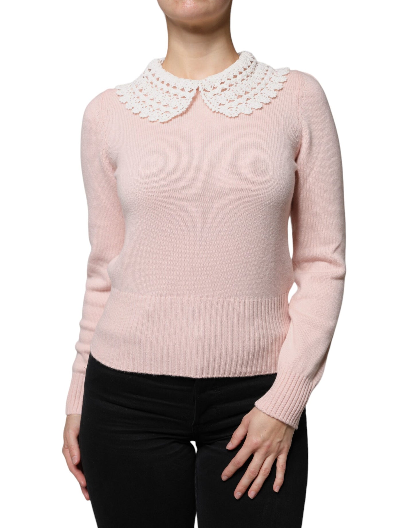 Pink Cashmere Collar Knitted Long Sleeves Top