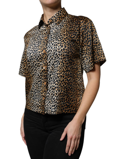 Brown Leopard Print Short Sleeves Blouse Top