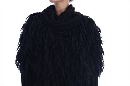Elegant Black Fringed Wool-Cashmere Sweater