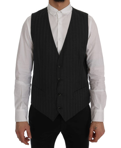Elegant Gray Striped Single Breasted Vest