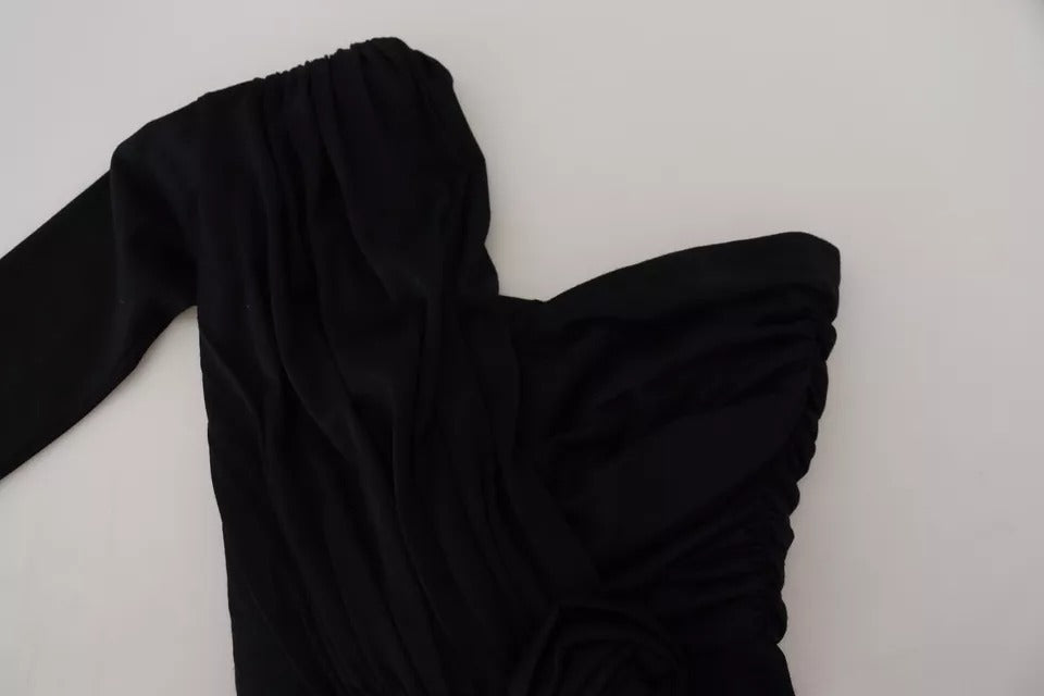 Black Wrap Sheath One Shoulder Wool Dress