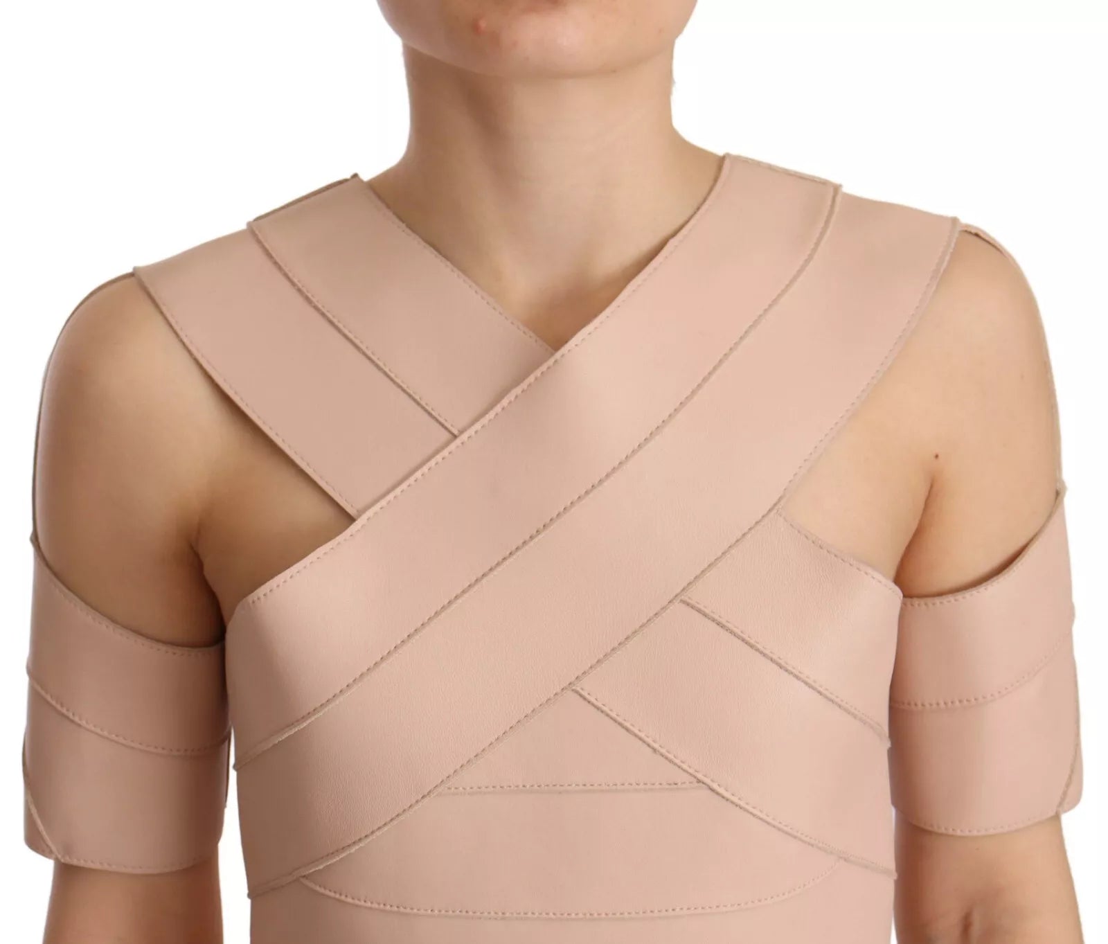 Beige Leather Open Shoulder Sheath Mini Dress