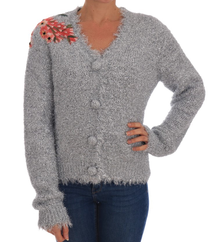 Elegant Silver Floral Applique Cardigan