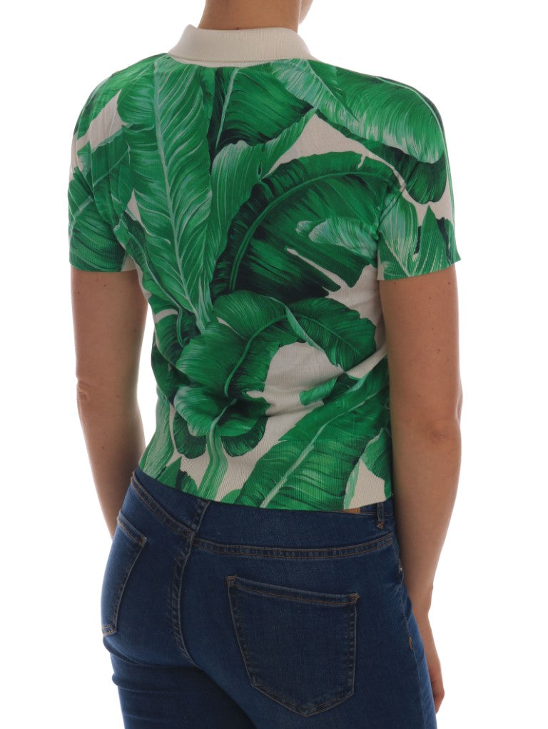 Elegant Silk Polo Top with Banana Leaf Motif