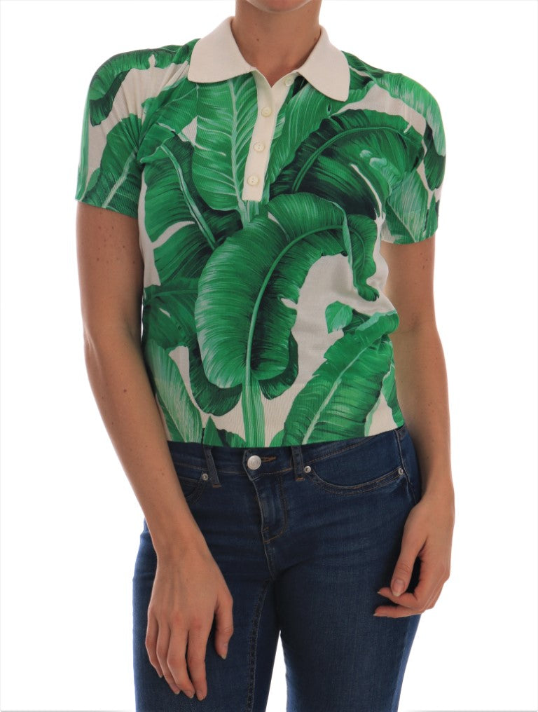 Elegant Silk Polo Top with Banana Leaf Motif