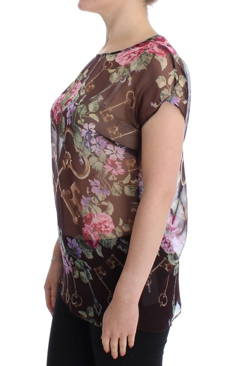 Elegant Floral Silk Blouse with Cap Sleeves