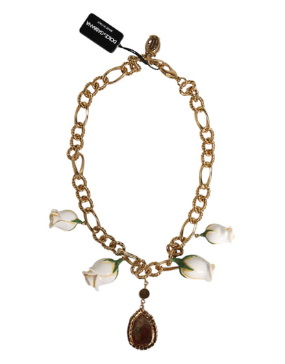 Gold Brass Short Chain Flower Crystal Pendant Necklace