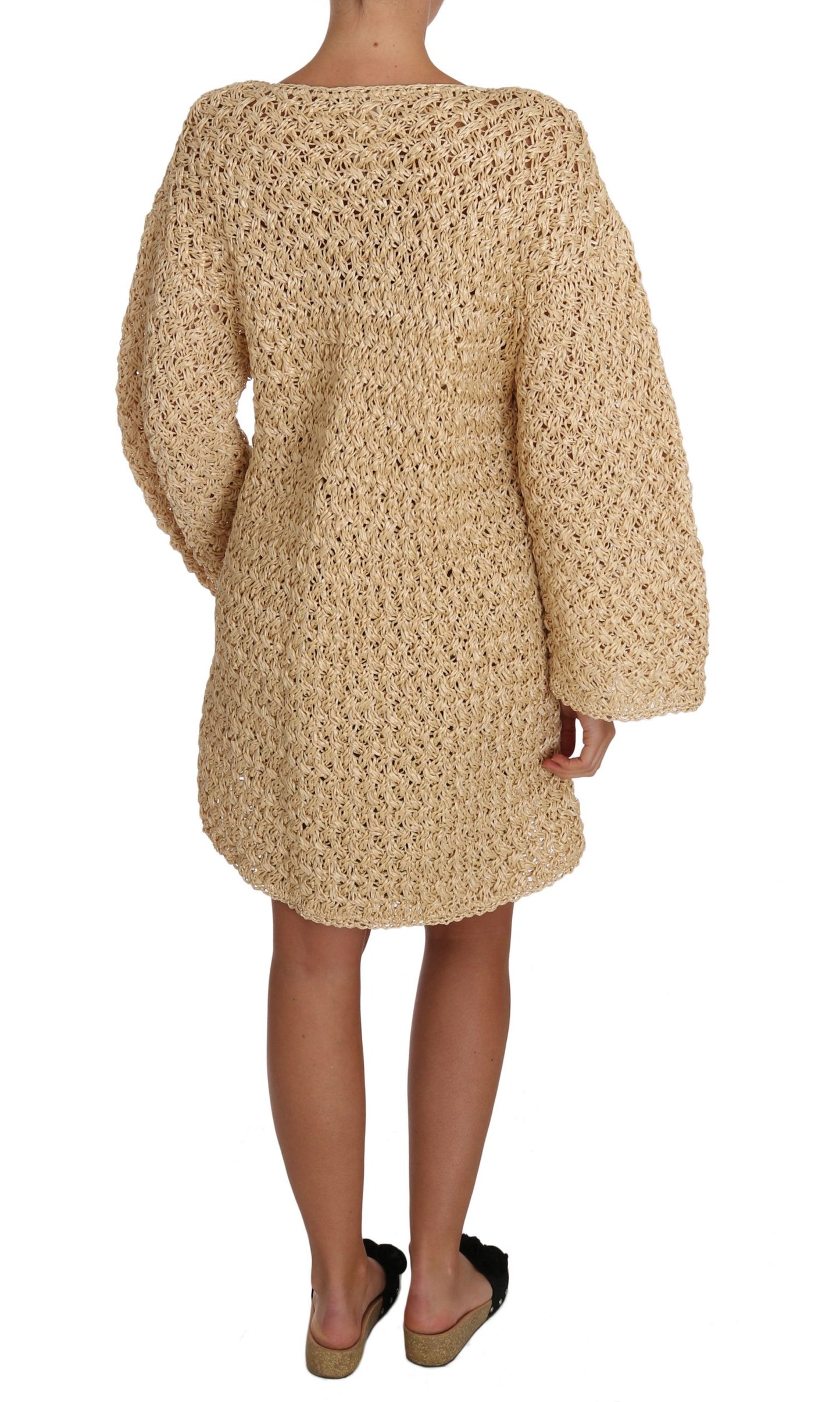 Chic Beige Crochet Knitted Raffia Cardigan