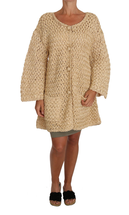 Chic Beige Crochet Knitted Raffia Cardigan