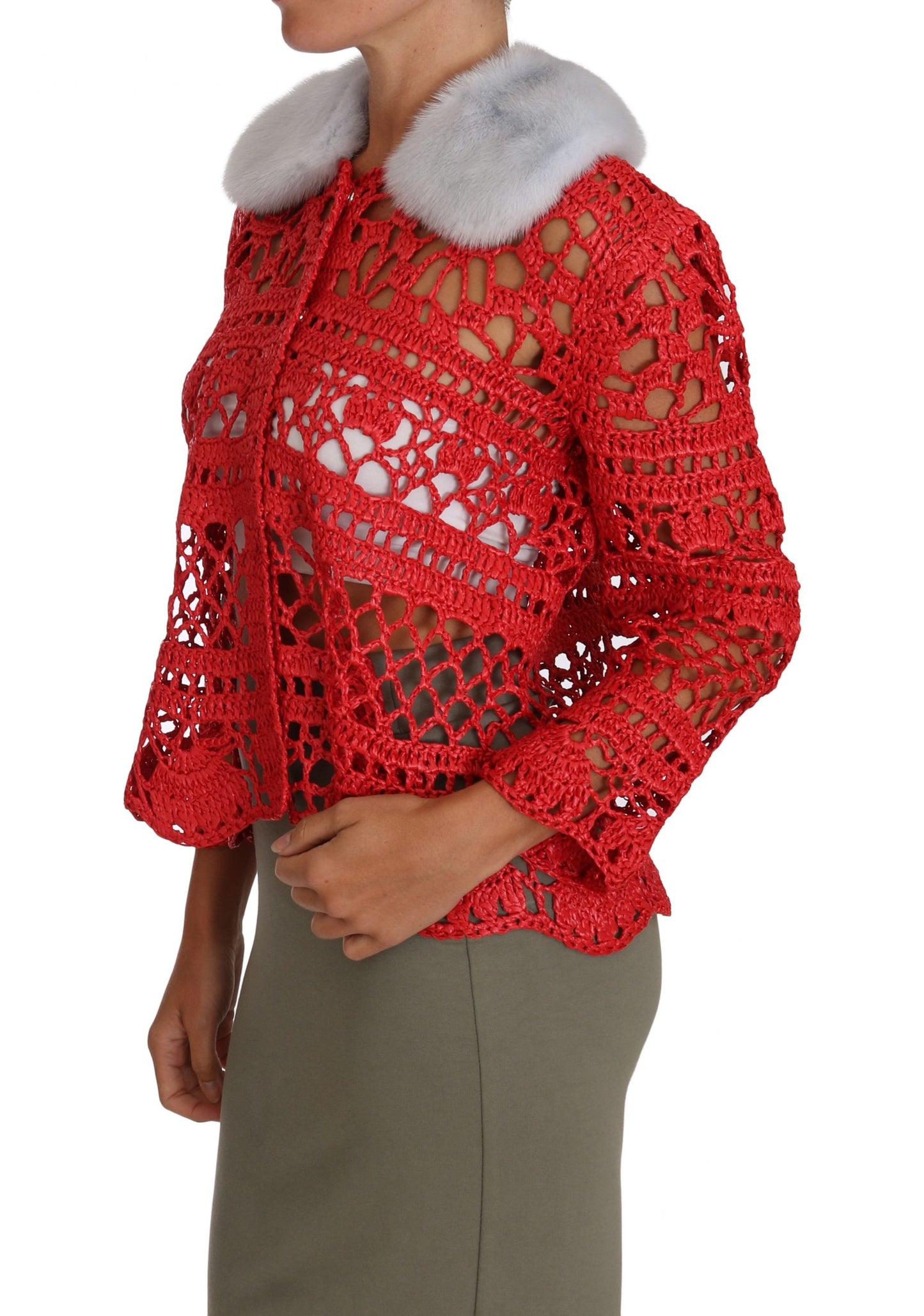 Elegant Red Crochet Knit Cardigan with Fur Collar