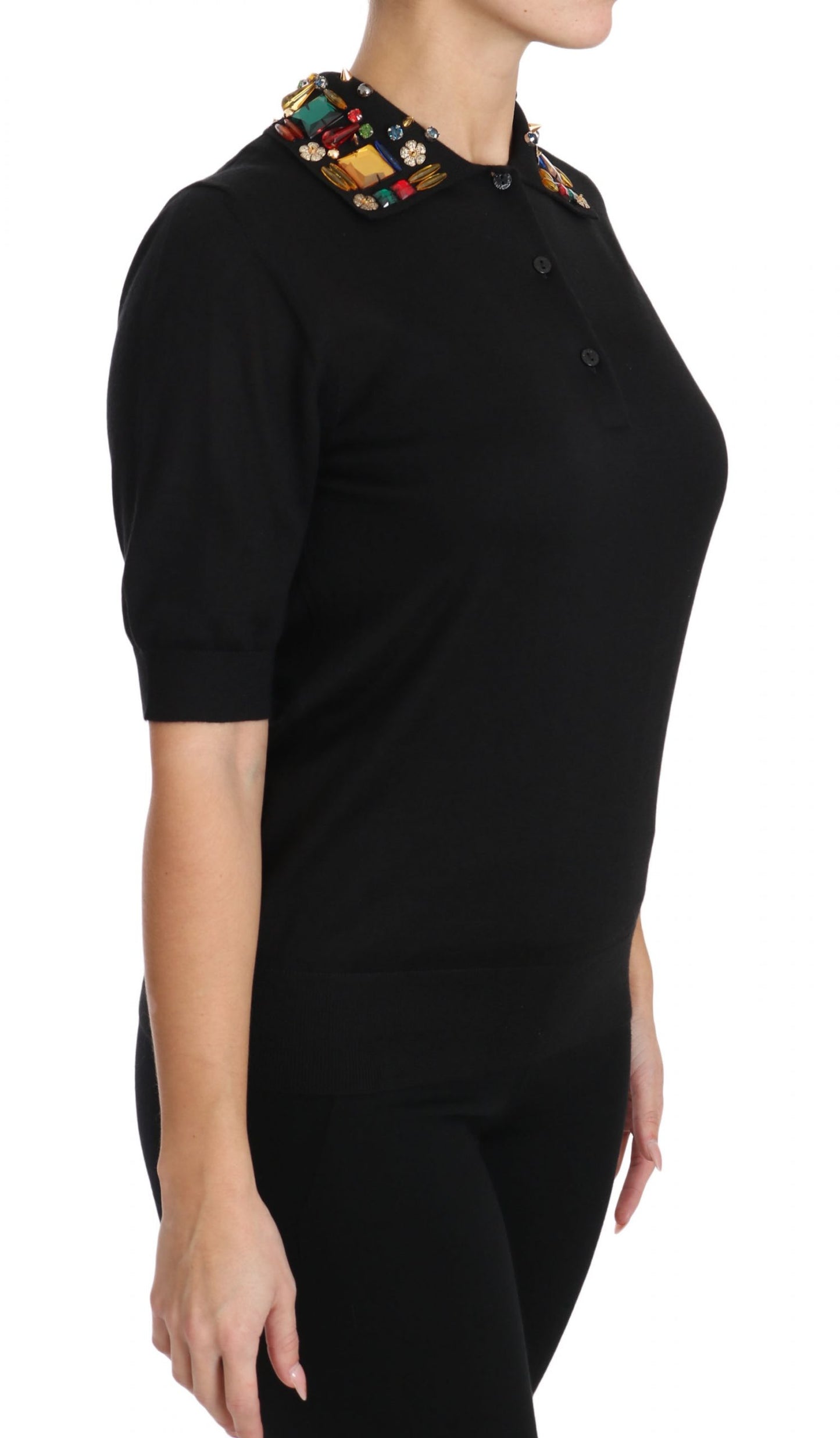 Elegant Black Cashmere Sequin Collar Top