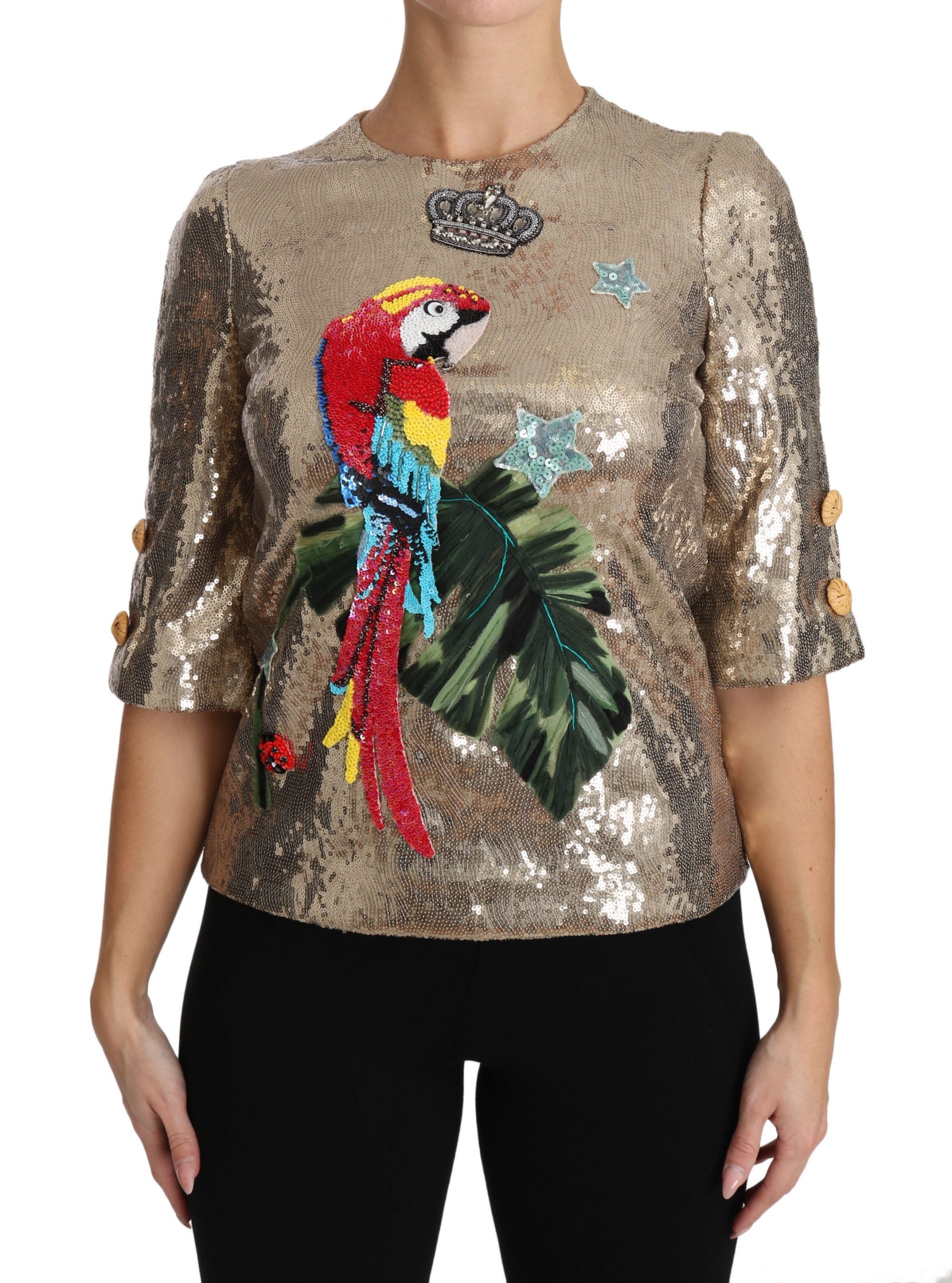 Gold Parrot Motif Crewneck Blouse with Crystals