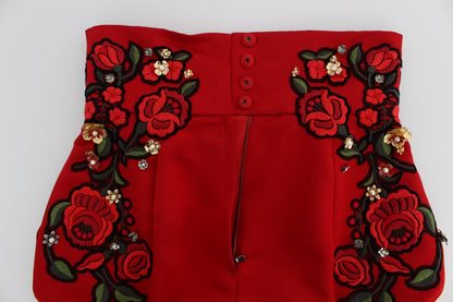 Red Silk Crystal-Embellished Mini Shorts