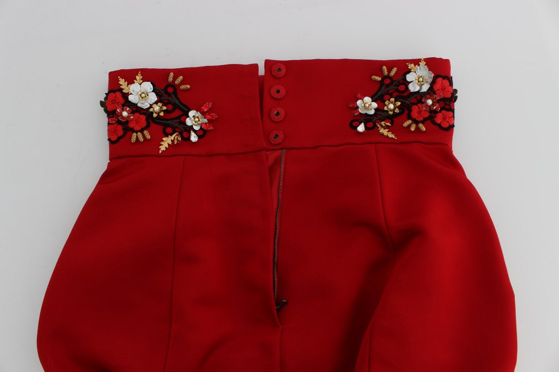 Red Silk Crystal-Embellished High Waist Shorts