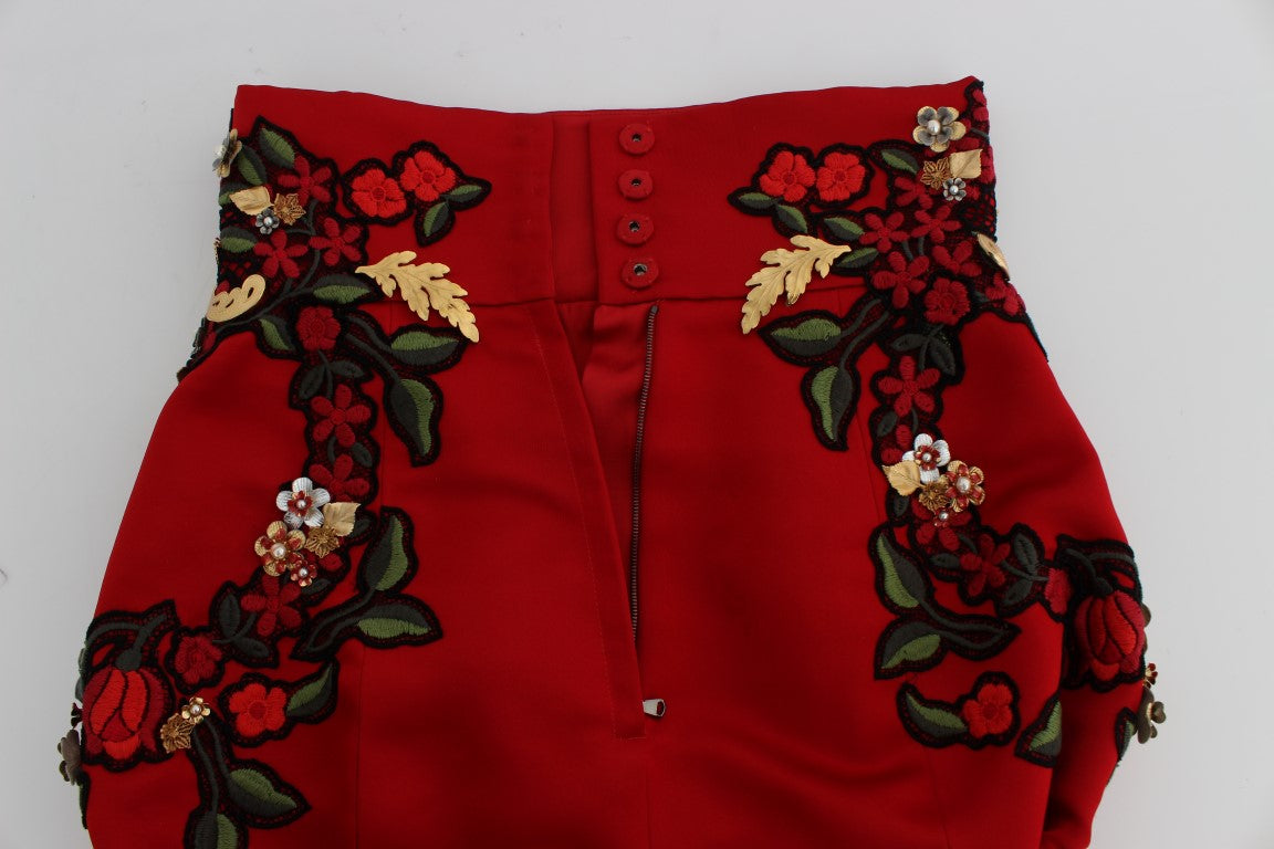 Elegant Silk Red Embroidered Mini Shorts