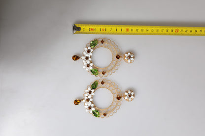 Gold Floral Filigree Hoop Enamel Amber Crystals Earrings