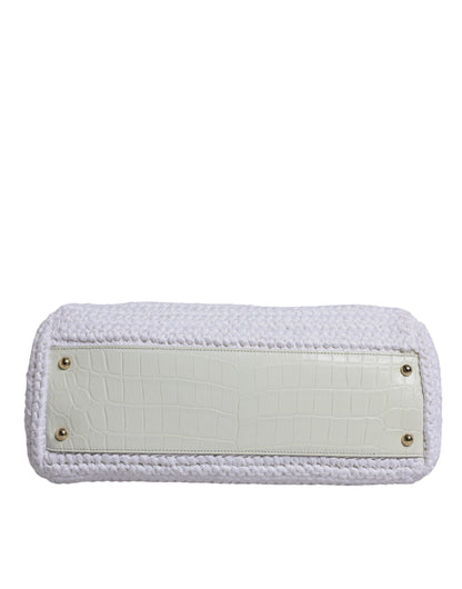 White Rafia Leather Top Handle Crossbody Bag
