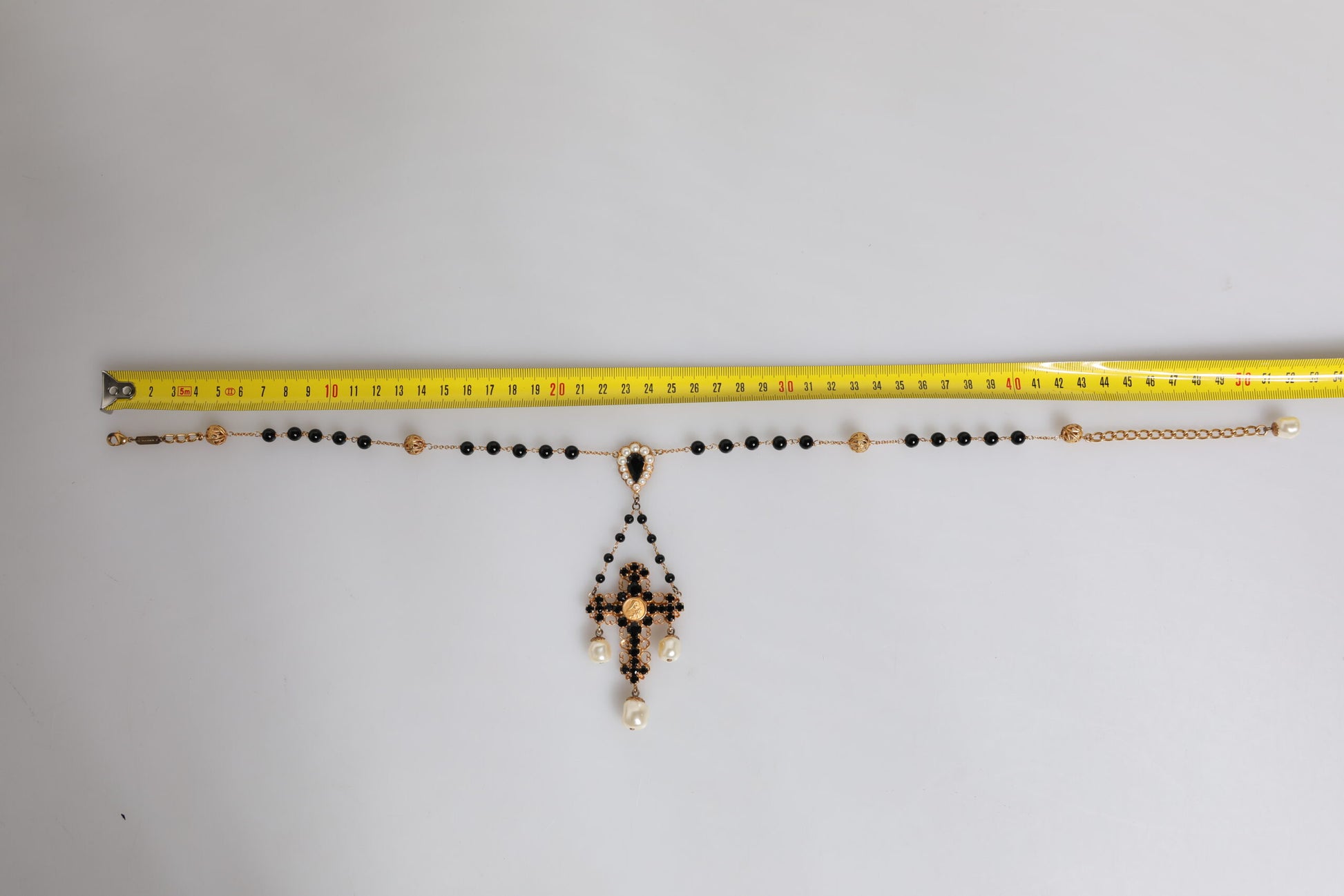 Gold Brass Black Beaded Chain Rosary Pendant Necklace