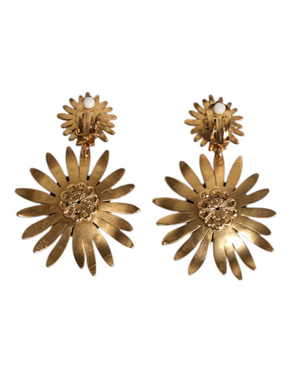 Gold Tone Brass Sunflower Crystal Clip Dangling Earrings