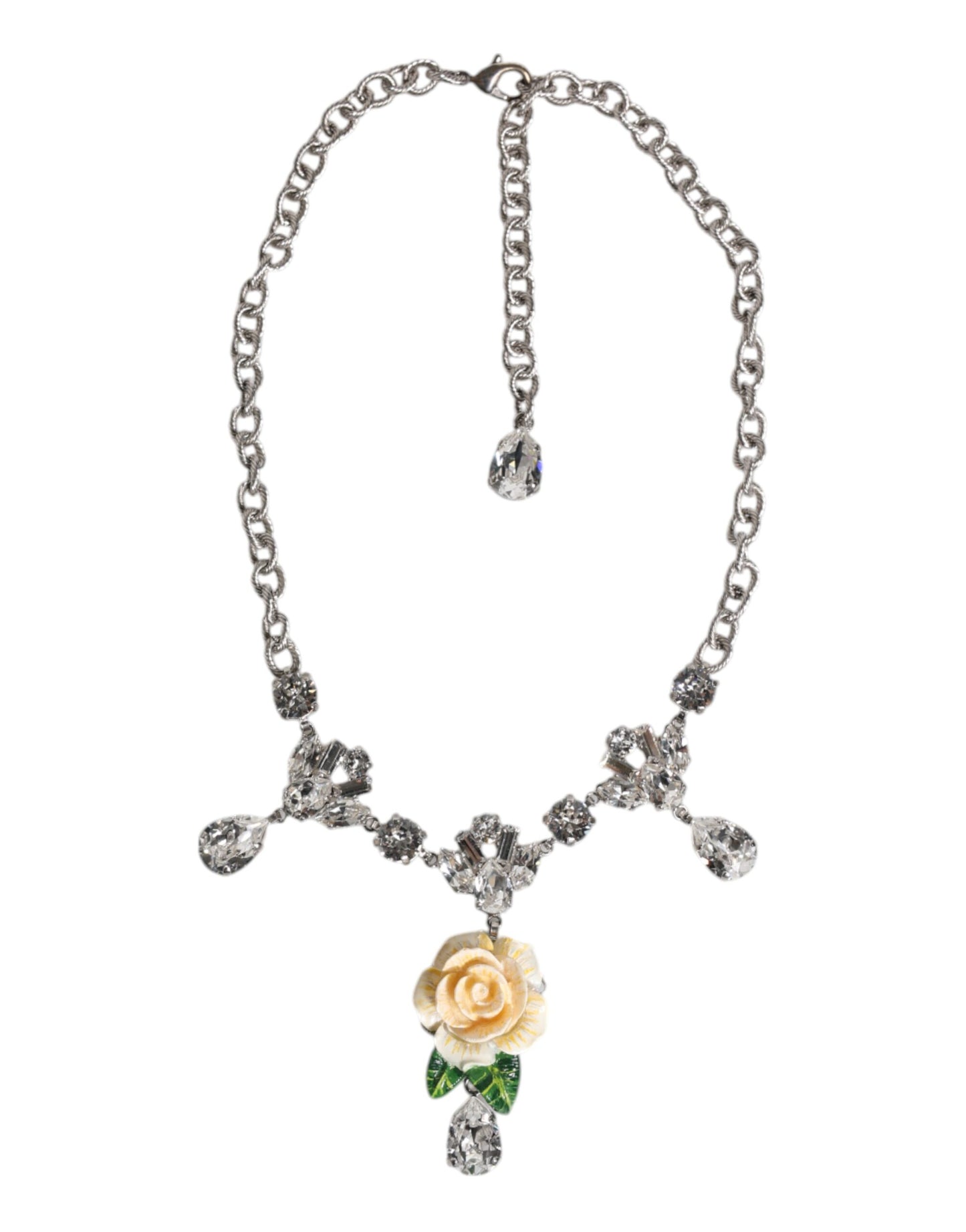 Silver Tone Brass Clear Crystal Roses Pendants Necklace