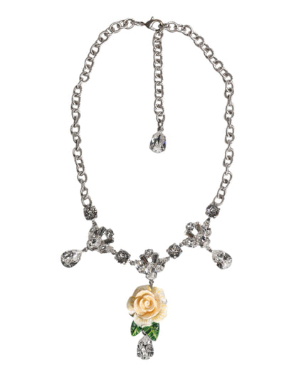 Silver Tone Brass Clear Crystal Roses Pendants Necklace