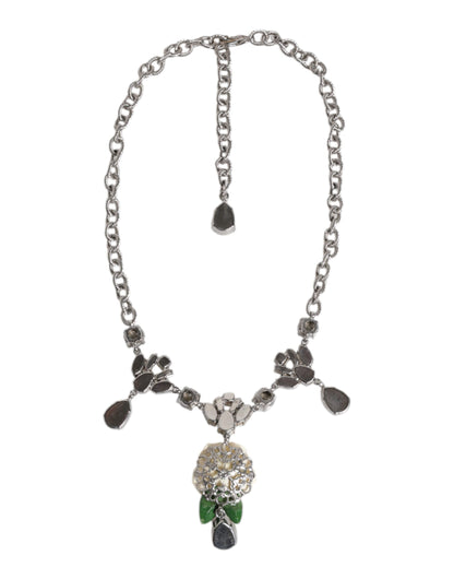 Silver Tone Brass Clear Crystal Roses Pendants Necklace