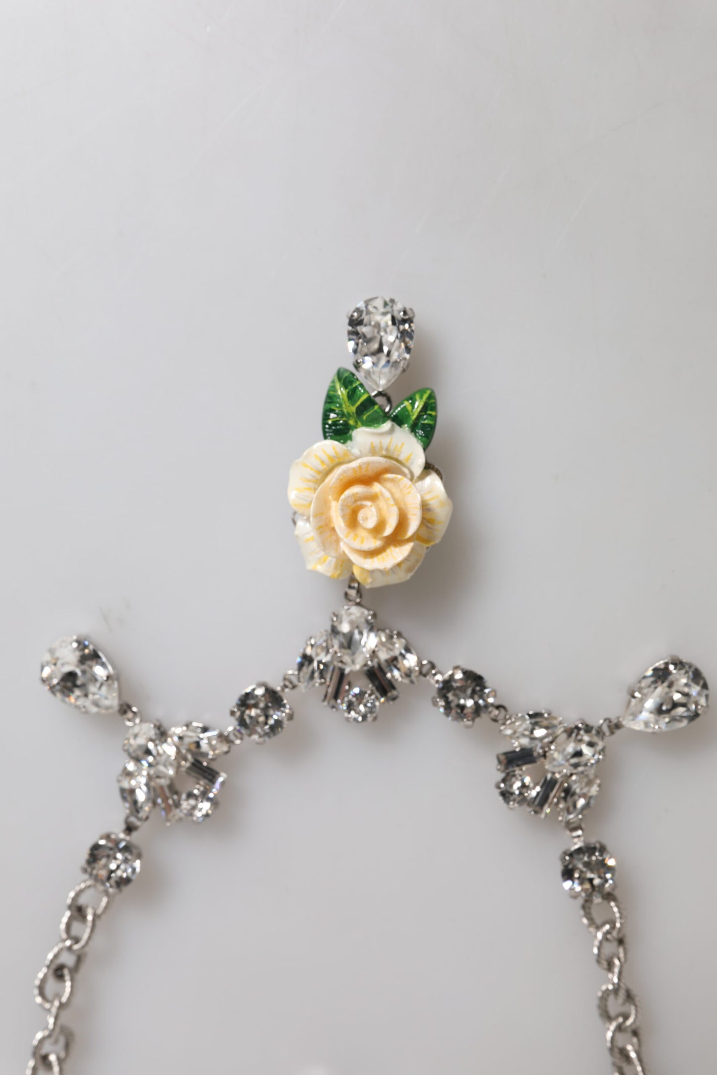 Silver Tone Brass Clear Crystal Roses Pendants Necklace