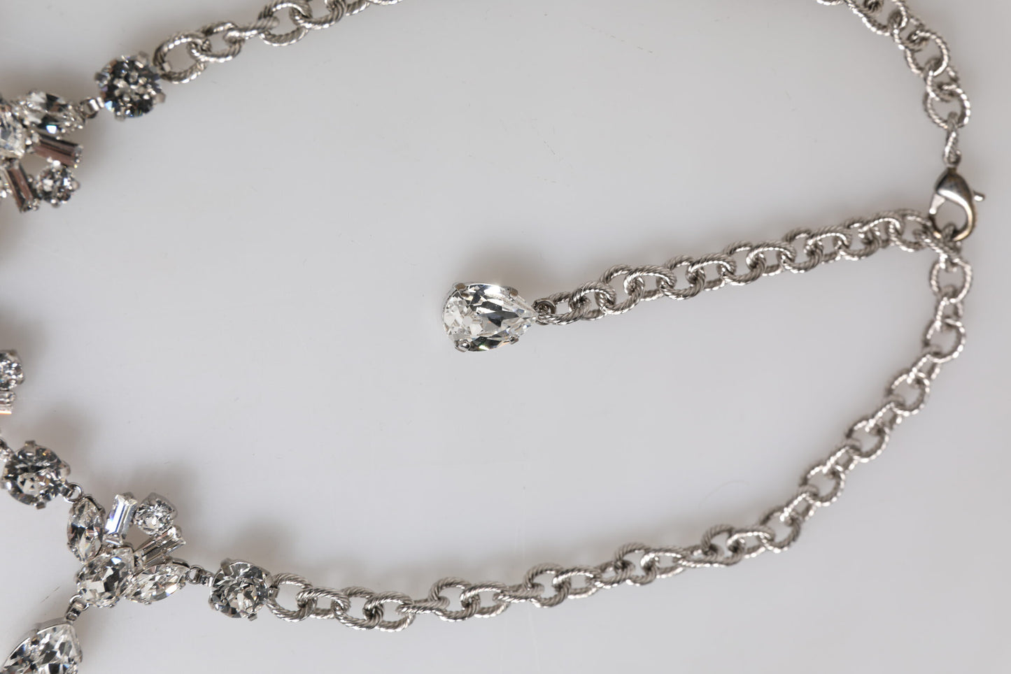 Silver Tone Brass Clear Crystal Roses Pendants Necklace