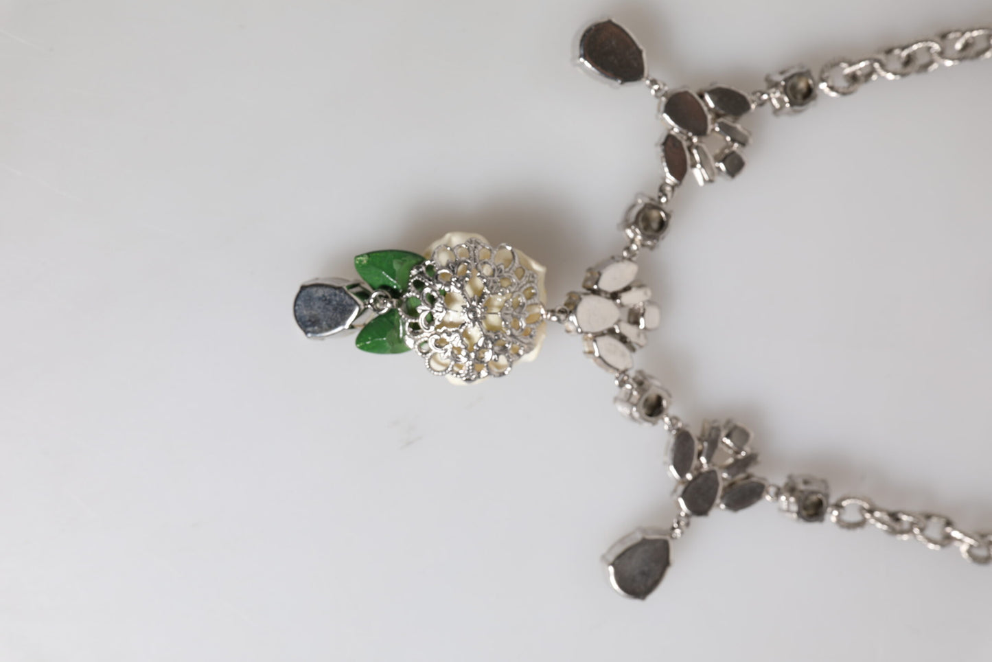 Silver Tone Brass Clear Crystal Roses Pendants Necklace