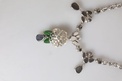Silver Tone Brass Clear Crystal Roses Pendants Necklace
