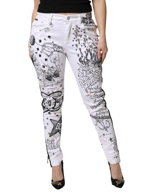 White Printed Embellished Skinny Denim Jeans