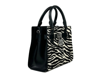 Hamilton Small Leather Zebra Print Satchel Crossbody Black/White