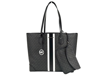 Eva Large Stripe Travel Tote Bag Plus Pouch Black
