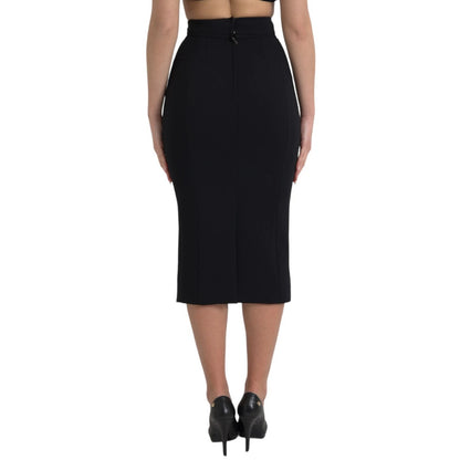 Black Wool High Waist Pencil Cut Midi Skirt
